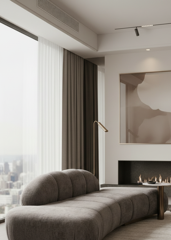 Modern living room with a curved brown sofa