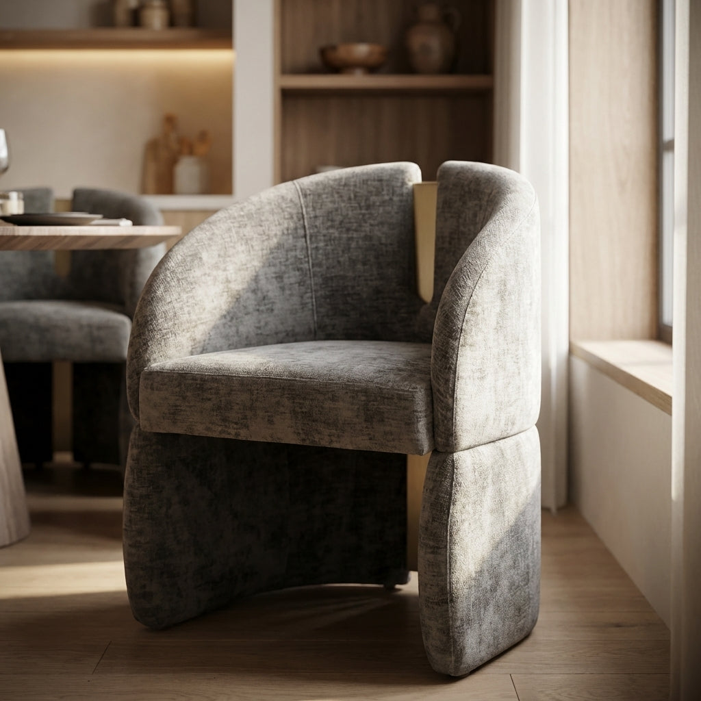 Close-up of Bently Brown and Gold Armchair, highlighting rich chenille velvet fabric texture, matte gold accents