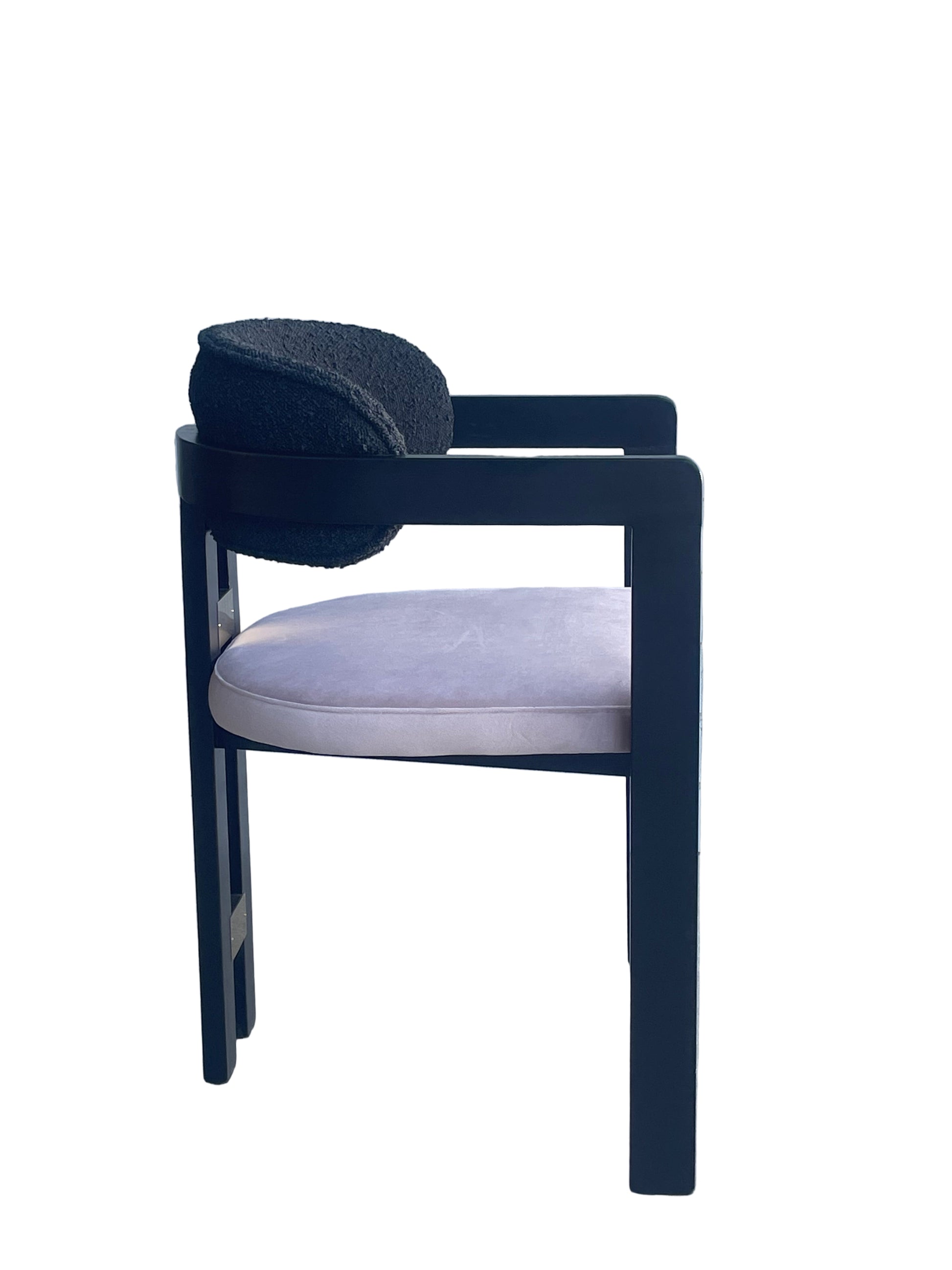 black wood armchair with mauve cushion