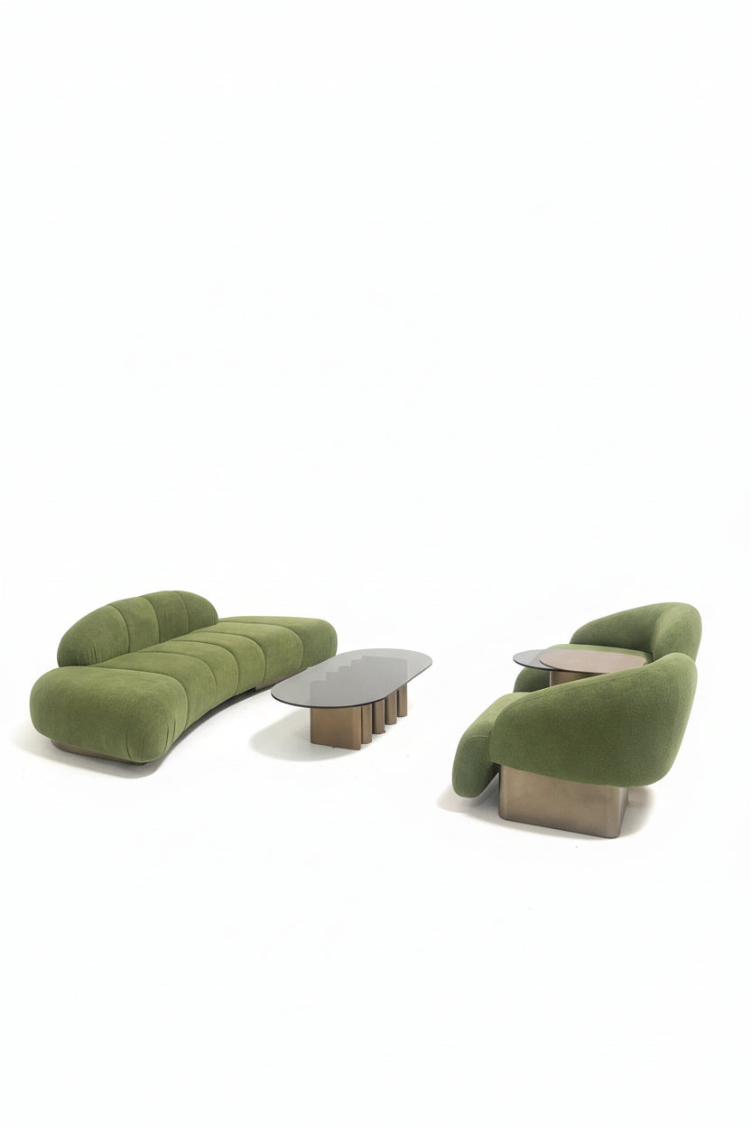 Modern green sofa set with two curved chairs and a matching modern coffee table