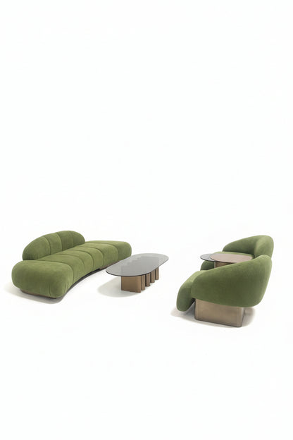 Modern green sofa set with two curved chairs and a matching modern coffee table