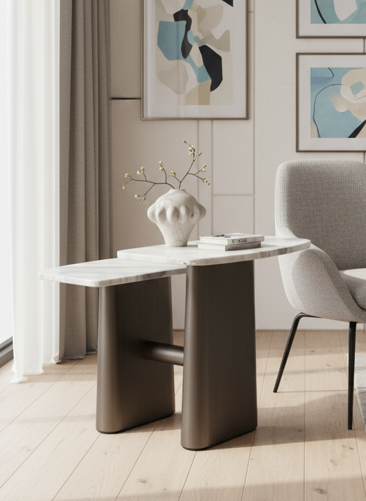 Kaia marble top brass side accent table with two-tier white marble surfaces and sculptural brushed brass base by Statements by J