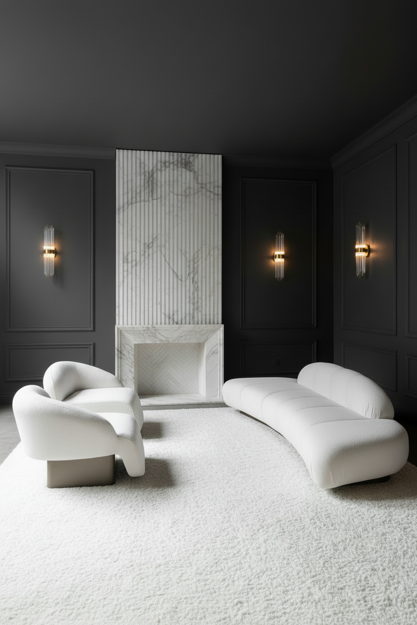 Modern living room set with white curved sofa and matching lounge chairs