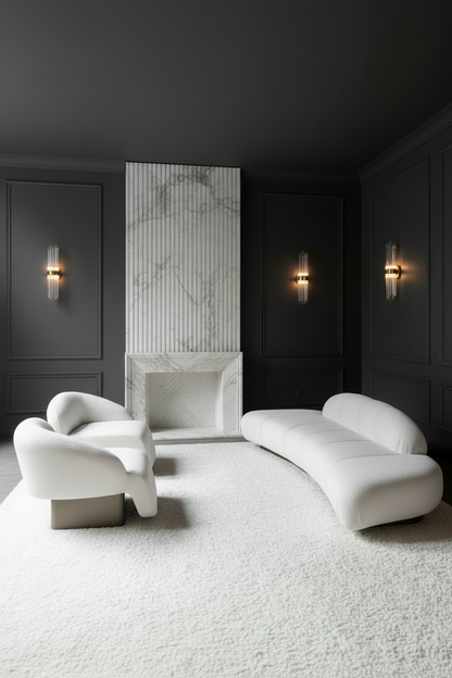 Modern living room set with white curved sofa and matching lounge chairs