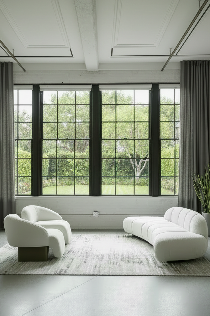 modern living room set with curved sofa and 2 accent chairs in white