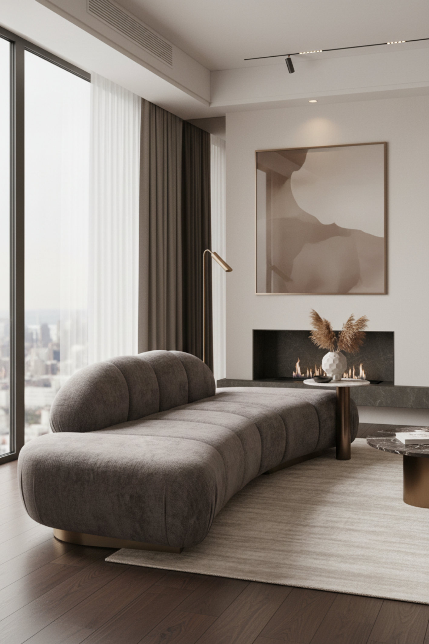 contemporary curved sofa in chocolate brown