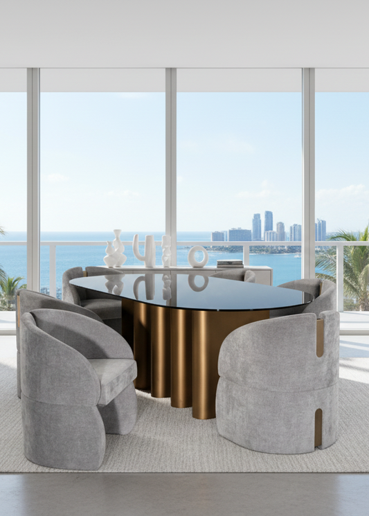 luxury oval dining set with gray chairs