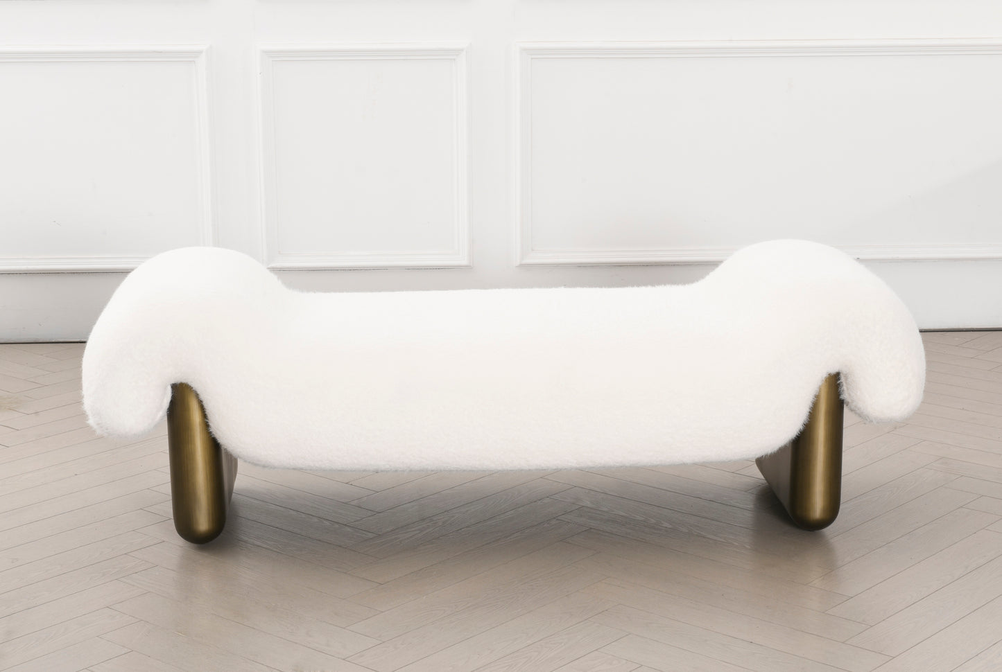 White furry bench with gold legs by Statements by J