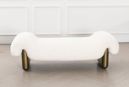 White furry bench with gold legs by Statements by J