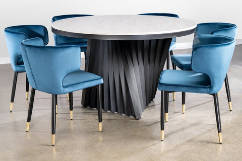 Waterfall Round Dining Set for 6 with Blue Chairs