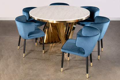 dining set with blue chairs