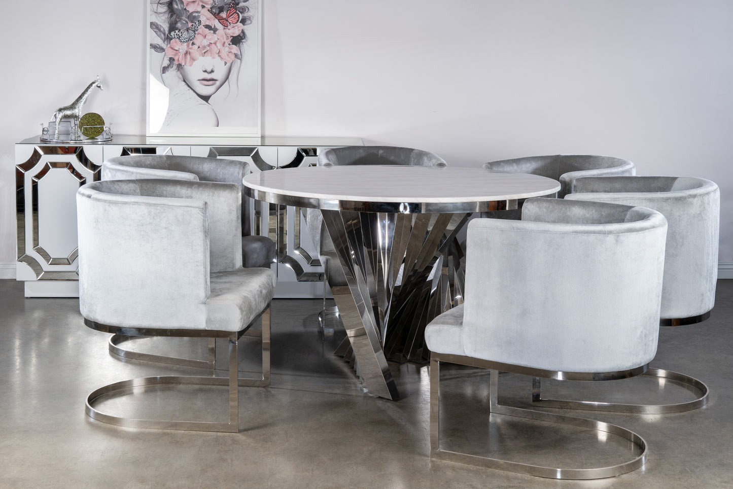 Waterfall Marble Top Chrome Dining Table