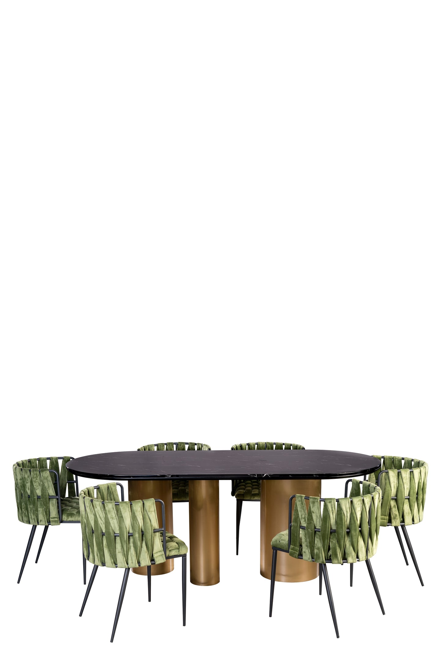 Balmain Black Marble Top Oval Dining Table Set for 6 in Green