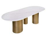 Balmain Stone Top Oval Dining Table for 6 with Gray and Gold Chairs