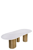 Balmain Stone Top Oval Dining Table for 6 with Gray and Gold Chairs