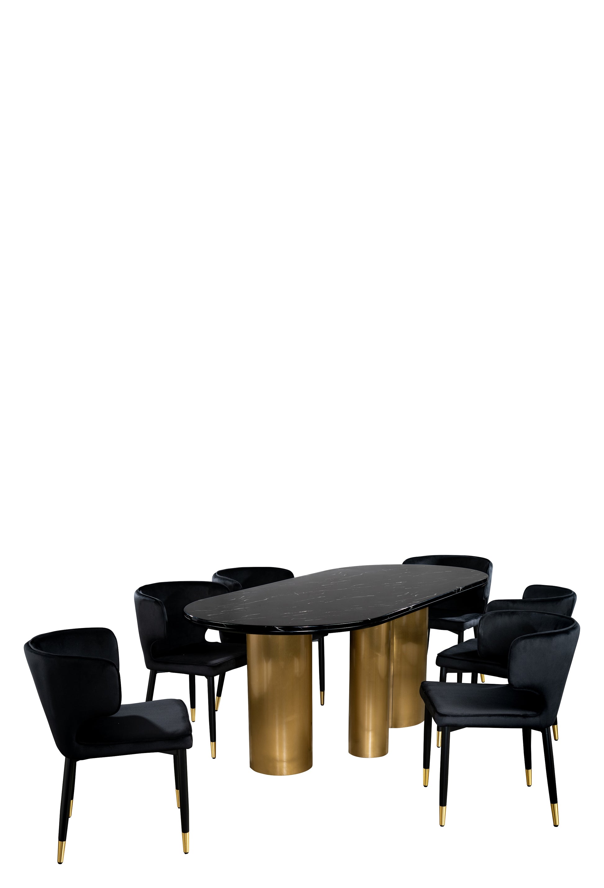 black  marble top, gold column base oval dining table with 6 modern black  dining chairs 