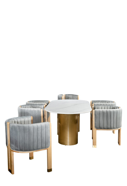 Balmain White Stone Top Oval Dining Table Set for 6 with Gray Chairs