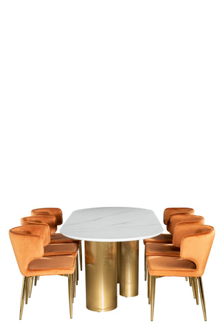 J104SING-MC110ORG-S6-Balmain Stone Top Oval Dining Table for 6 with Orange Chairs