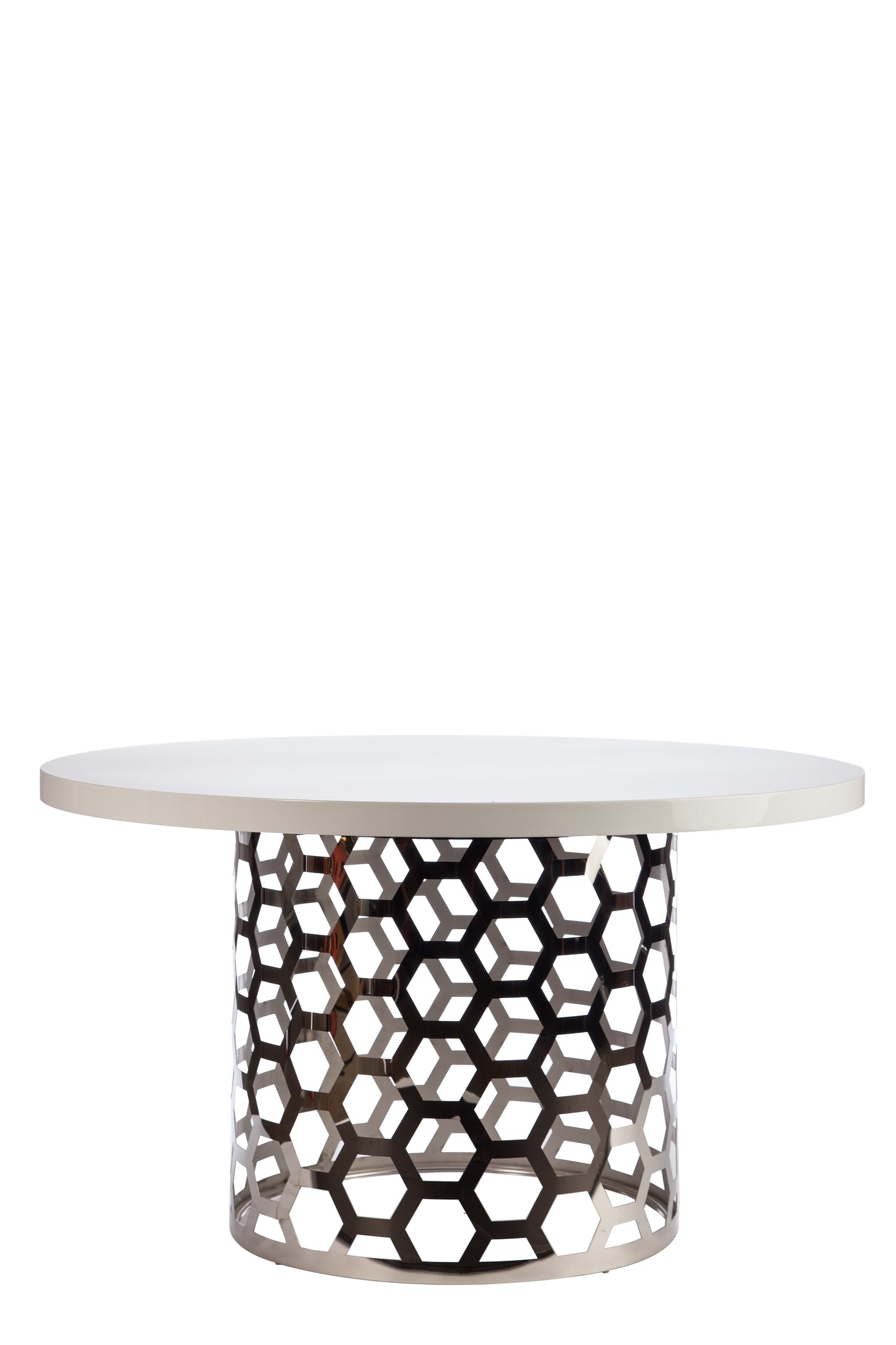 white and silver chrome round dining table