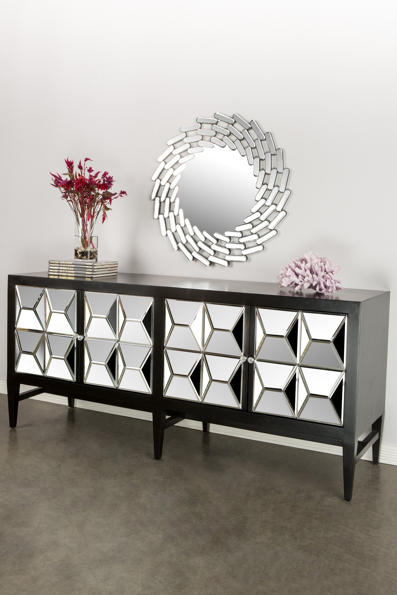 modern glam mirrored spike black sideboardf